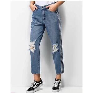 Empyre Eileen Checkered Striped Medium Wash Mom Zumiez Distressed Jeans 5